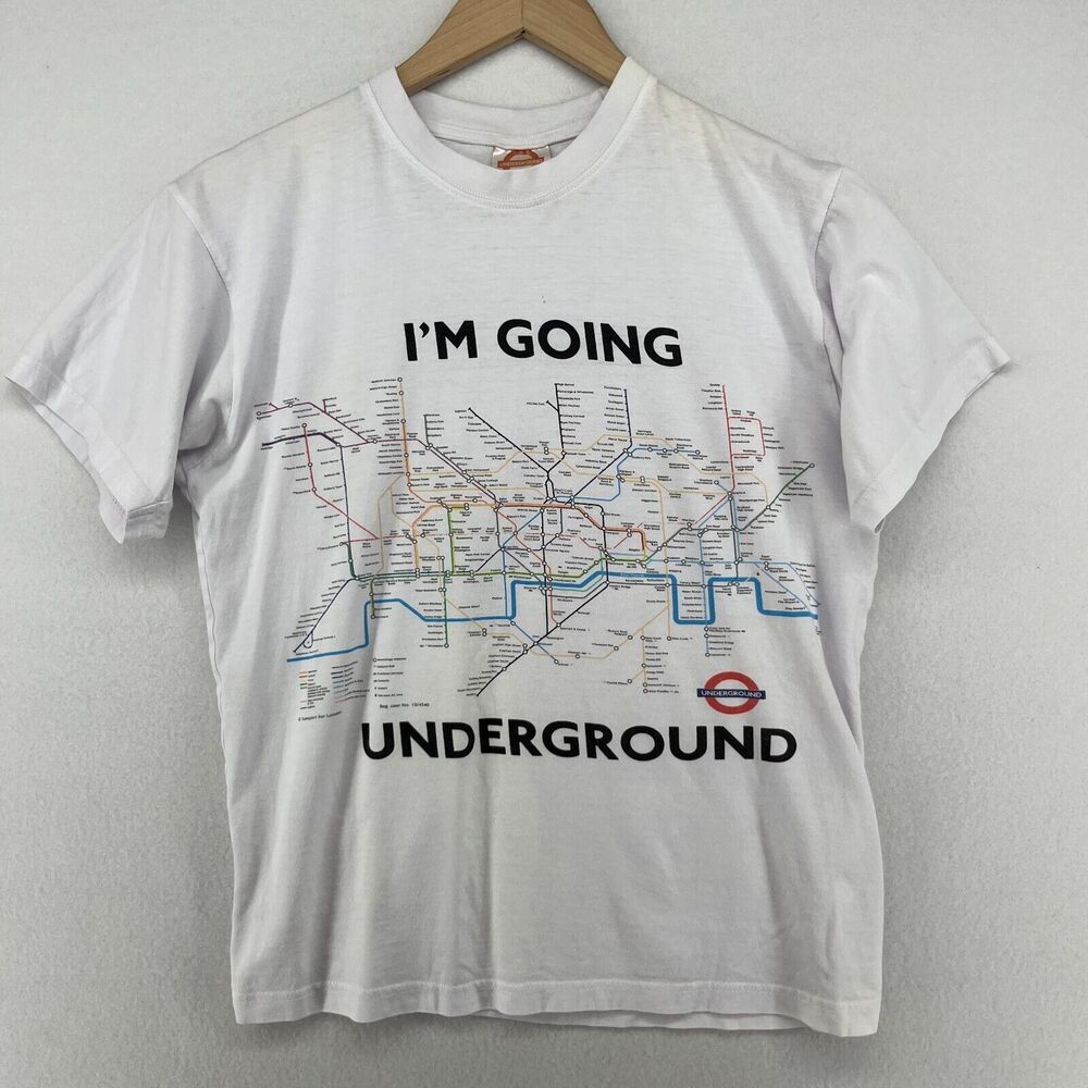 Vtg 90s I'M GOING UNDERGROUND Shirt Adult S Tube Subway London 90s White
